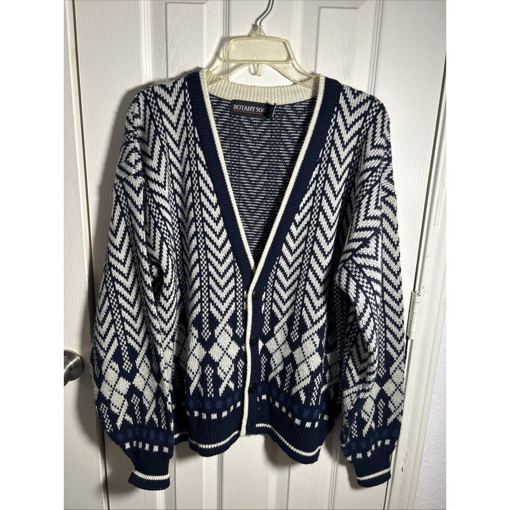 Botany 500 Cardigan Adult Large Blue and White Knit Arcrylic Vintage